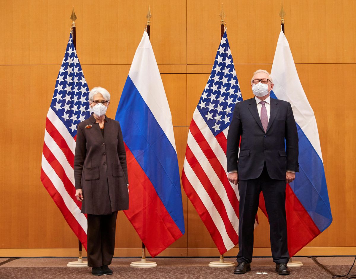 U.S. Deputy Secretary of State Wendy Sherman and Russian Deputy Foreign Minister Sergei Ryabkov attend security talks at the United States Mission in Geneva, Switzerland January 10, 2022.