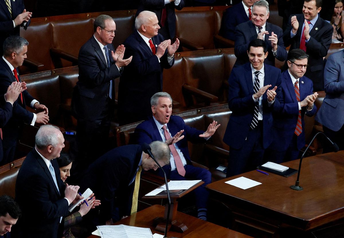 U.S. House Republican leader Kevin McCarthy (R-CA) reacts to the cheers of his Republican colleagues.
