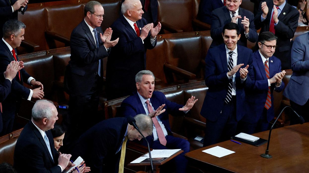U.S. House Republican leader Kevin McCarthy (R-CA) reacts to the cheers of his Republican colleagues.