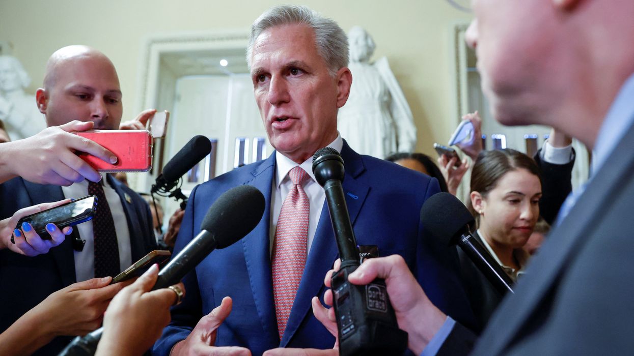 U.S. House Speaker McCarthy talks to reporters at the U.S. Capitol in Washington.