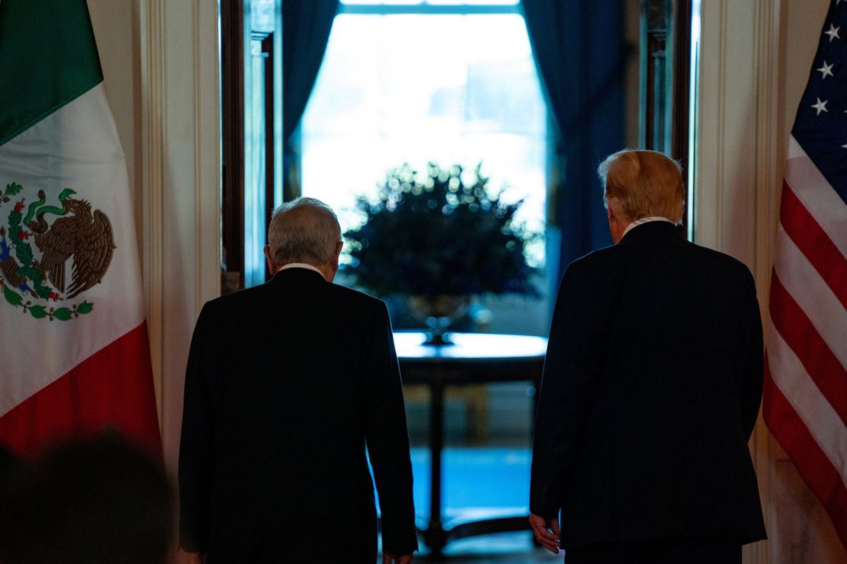 U.S. President Donald Trump and Andres Manuel Lopez Obrador, Mexico's president, depart during a news conference in the Cross Hall of the White House in Washington, D.C., U.S., on Wednesday, July 8, 2020.