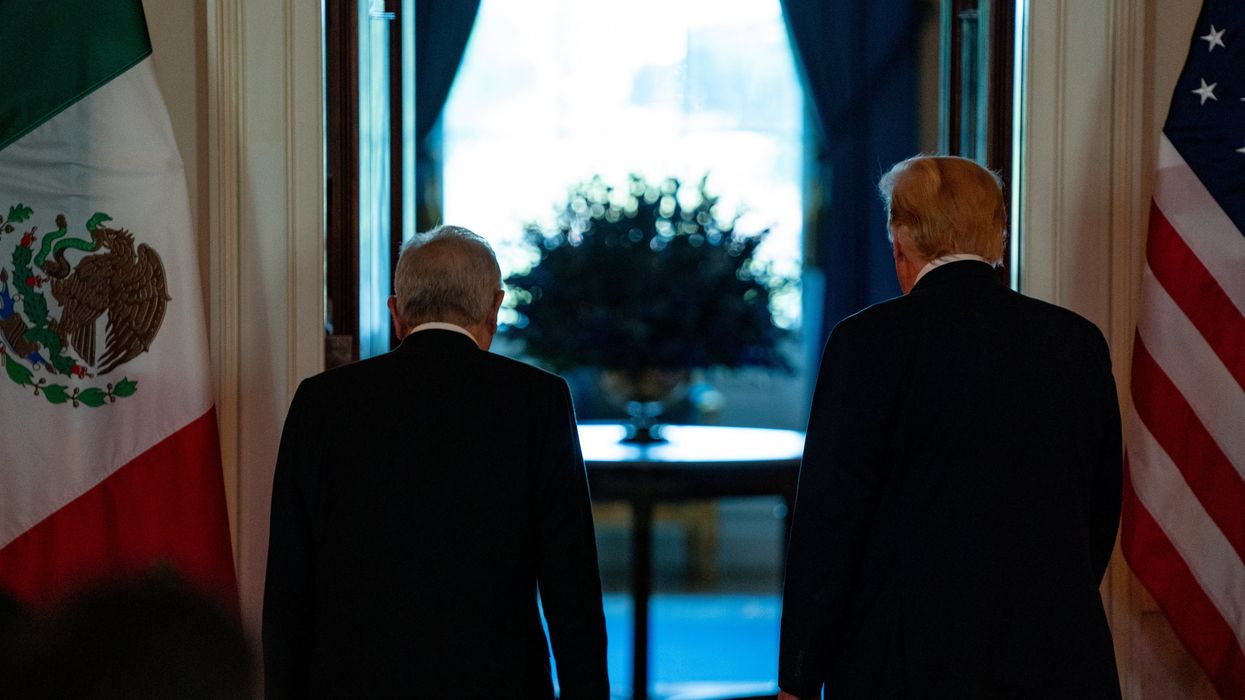 U.S. President Donald Trump and Andres Manuel Lopez Obrador, Mexico's president, depart during a news conference in the Cross Hall of the White House in Washington, D.C., U.S., on Wednesday, July 8, 2020.