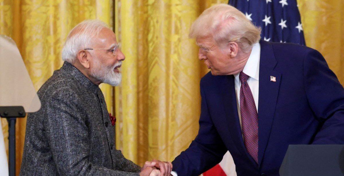 ​U.S. President Donald Trump and Indian Prime Minister Narendra Modi shake hands as they attend a joint press conference at the White House in Washington, D.C., U.S., February 13, 2025. 