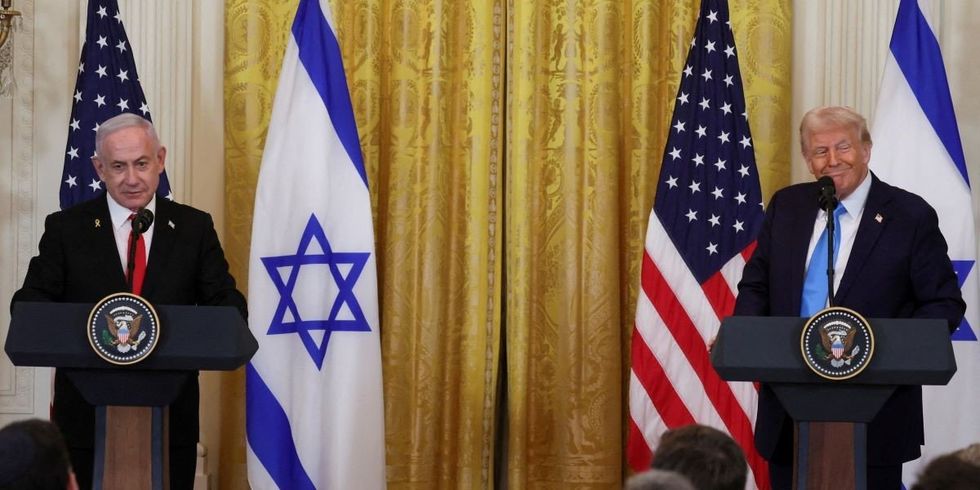 U.S. President Donald Trump and Israeli Prime Minister Benjamin Netanyahu hold a joint press conference in the East Room at the White House in Washington, U.S., February 4, 2025.