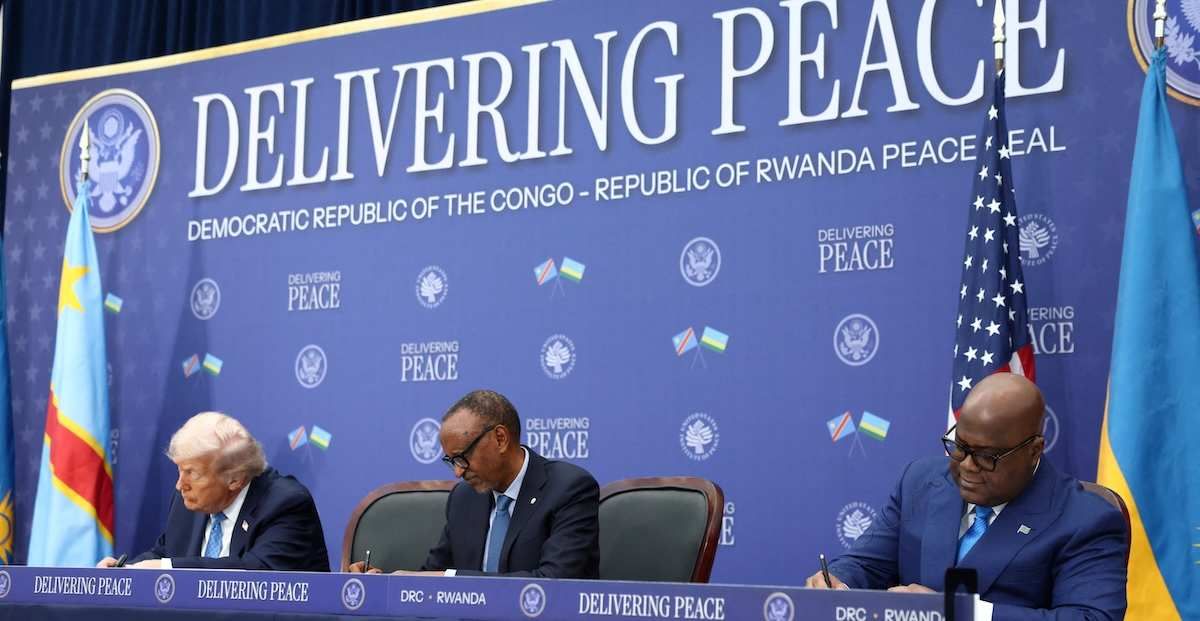 ​U.S. President Donald Trump, President of the Democratic Republic of the Congo Felix Tshisekedi and President of Rwanda Paul Kagame take part in a signing ceremony at the U.S. Institute of Peace in Washington, D.C., U.S., December 4, 2025. 