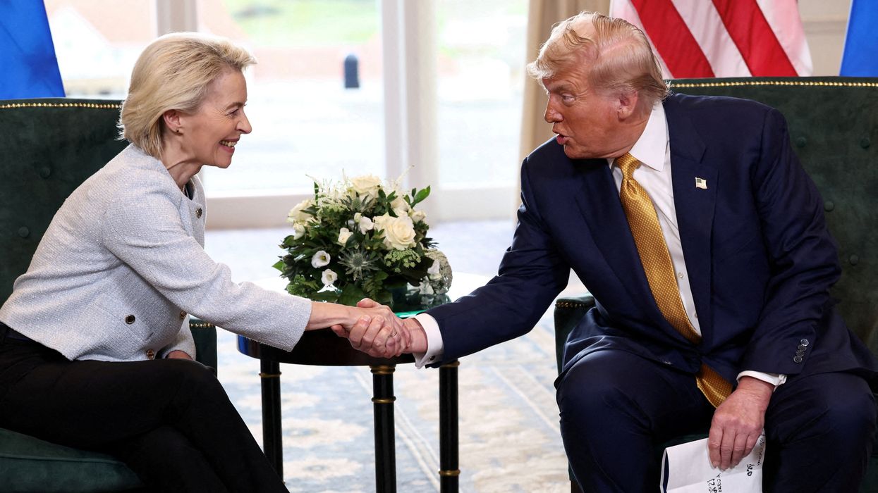 U.S. President Donald Trump shakes hands with European Commission President Ursula von der Leyen, after an announcement of a trade deal between the U.S. and EU, in Turnberry, Scotland, Britain, July 27, 2025.