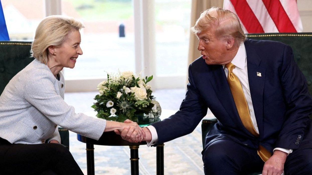 U.S. President Donald Trump shakes hands with European Commission President Ursula von der Leyen, after an announcement of a trade deal between the U.S. and EU, in Turnberry, Scotland, Britain, July 27, 2025.