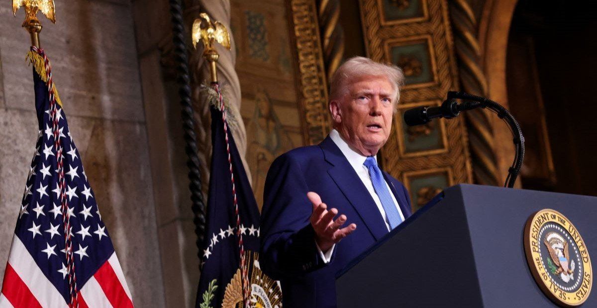 ​U.S. President Donald Trump speaks at Mar-a-Lago in Palm Beach, Florida, U.S., February 18, 2025. 