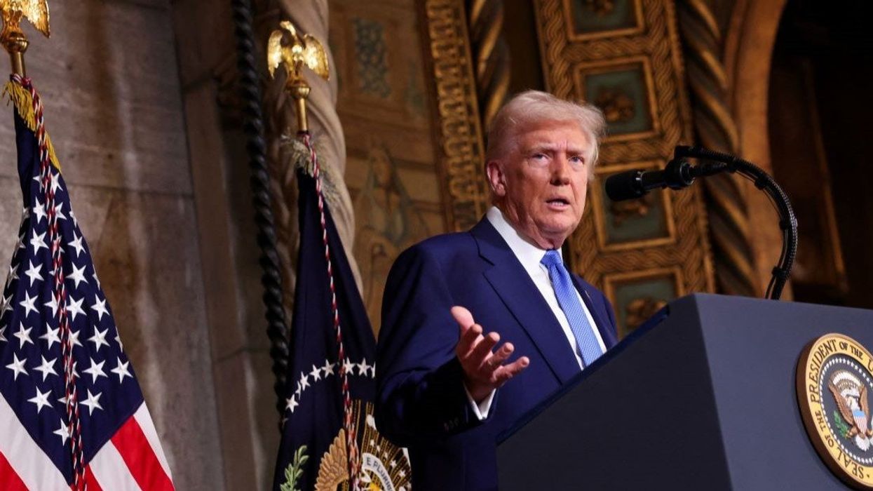 U.S. President Donald Trump speaks at Mar-a-Lago in Palm Beach, Florida, U.S., February 18, 2025.