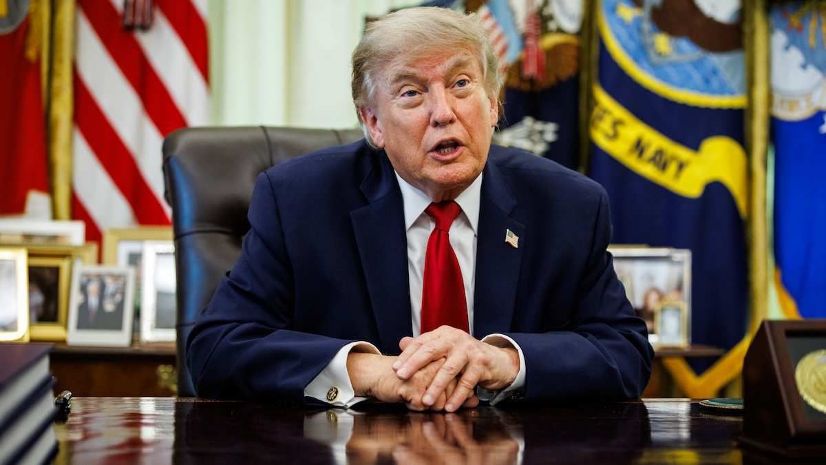 U.S. President Donald Trump speaks at the Resolute Desk