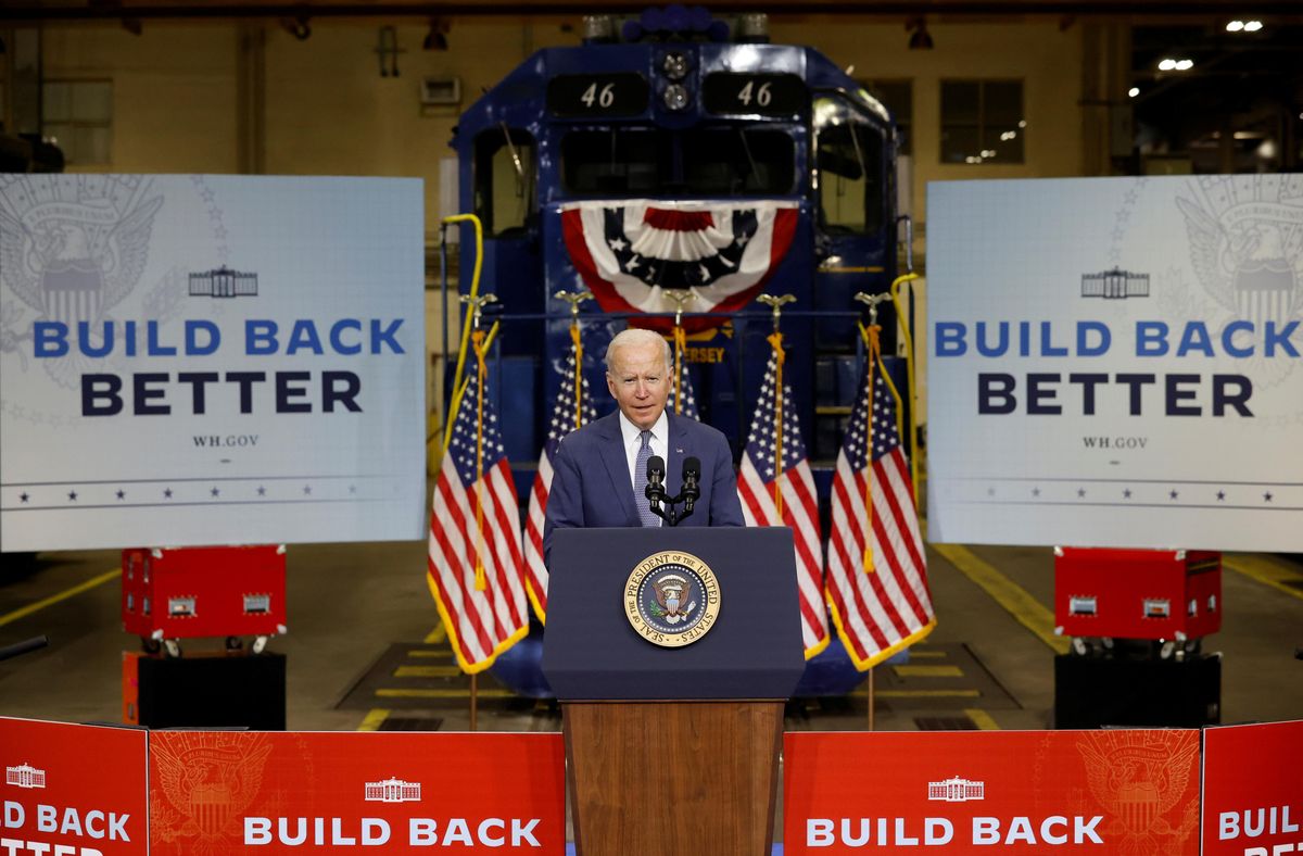 U.S. President Joe Biden delivers remarks on his Build Back Better infrastructure agenda at the NJ TRANSIT Meadowlands Maintenance Complex in Kearny, New Jersey, U.S., October 25, 2021