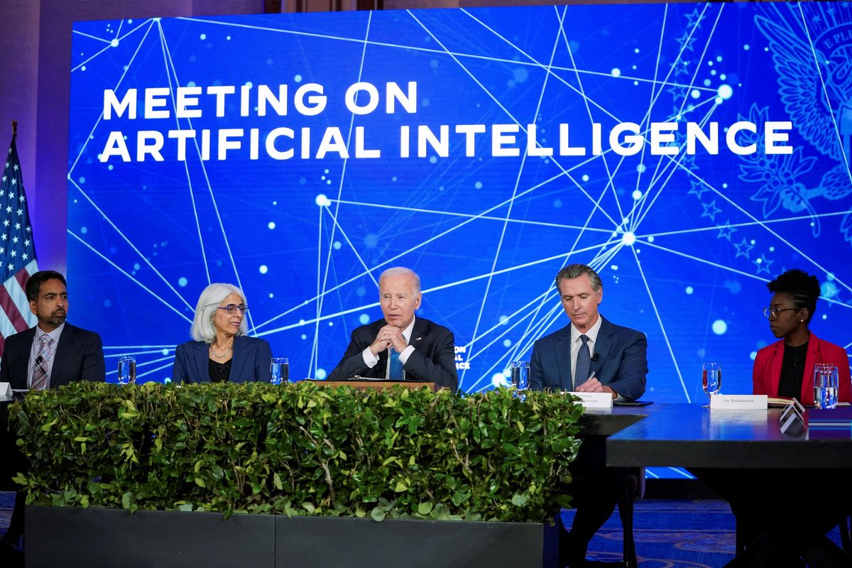 U.S. President Joe Biden, Governor of California Gavin Newsom and other officials attend a panel on Artificial Intelligence, in San Francisco, California.