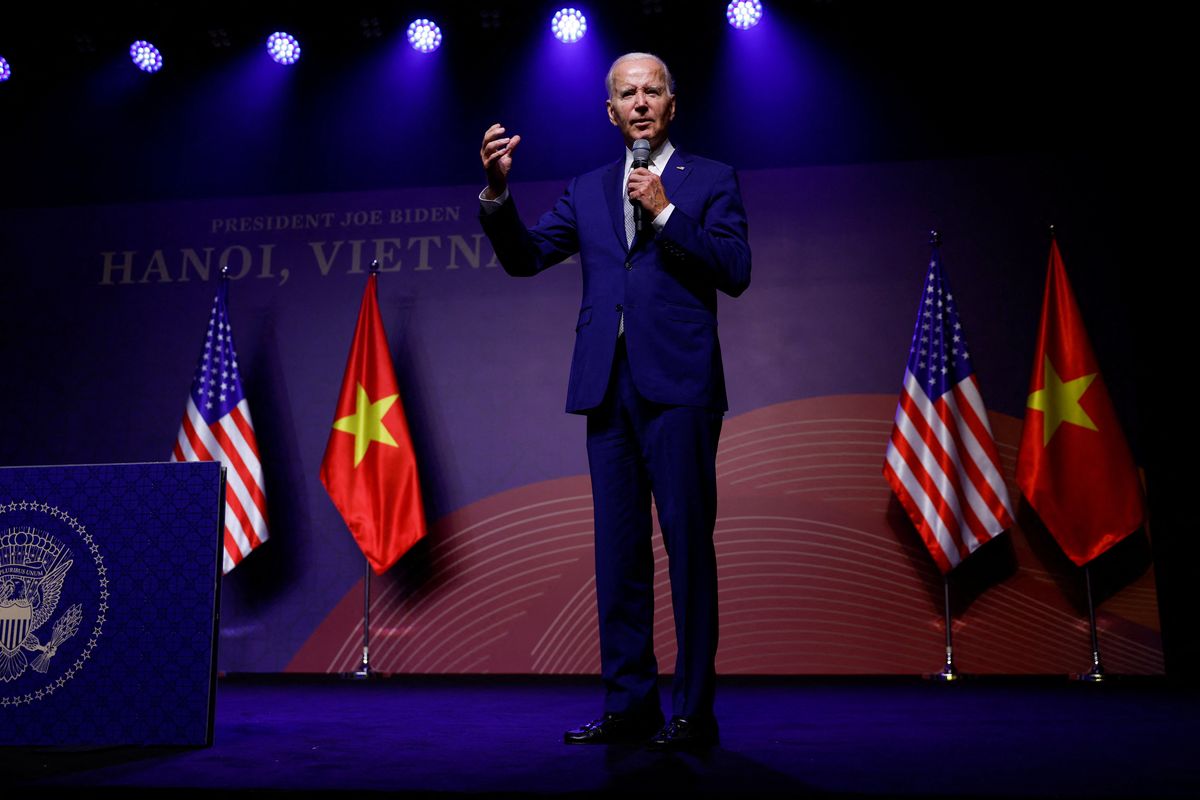 U.S. President Joe Biden holds a press conference in Hanoi, Vietnam.