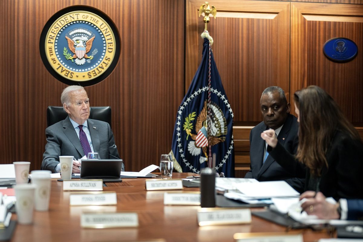 U.S President Joe Biden is briefed by members of the national security team in the Situation Room on Monday Jan 29, 2024.
