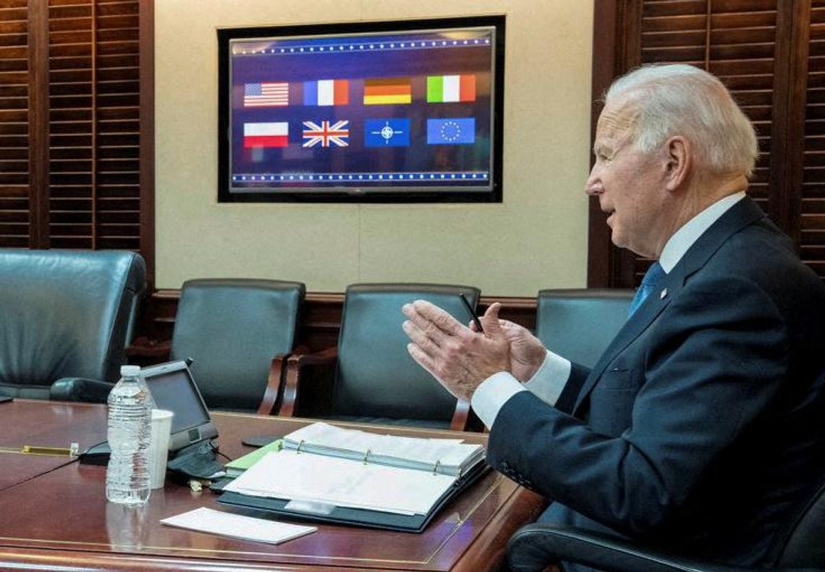 U.S. President Joe Biden is seen in a White House handout photo as he speaks with European leaders about Russia and the situation in Ukraine during a secure video teleconference from the Situation Room of the White House in Washington, U.S., January 24, 2022. 