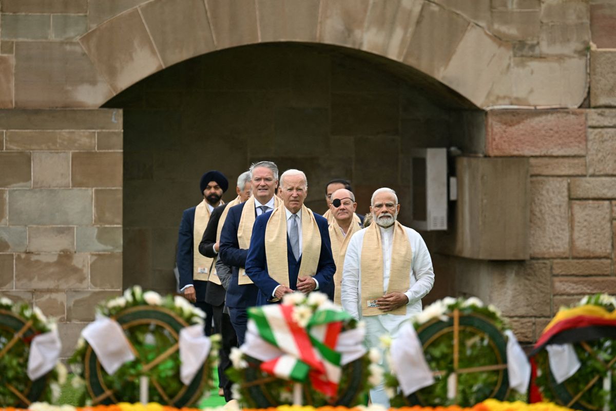 U.S. President Joe Biden visits Raj Ghat memorial with Prime Minister of India Narendra Modi and other G20 leaders.