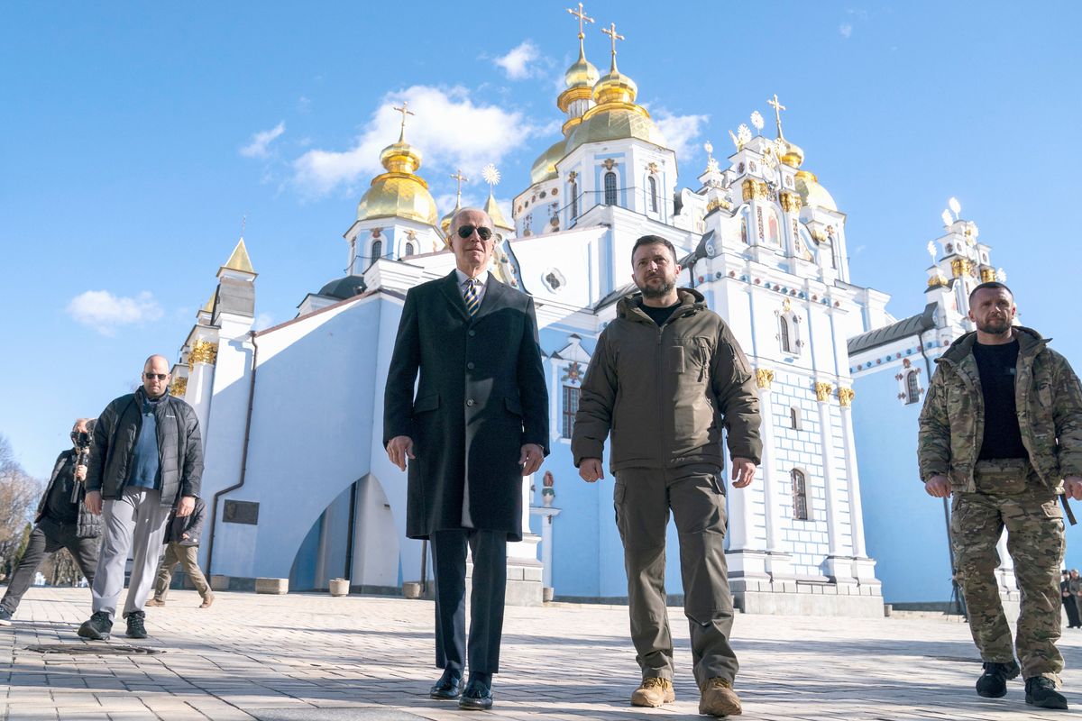 U.S. President Joe Biden walks with Ukrainian President Volodymyr Zelenskiy during an unannounced visit, in Kyiv, Ukraine.
