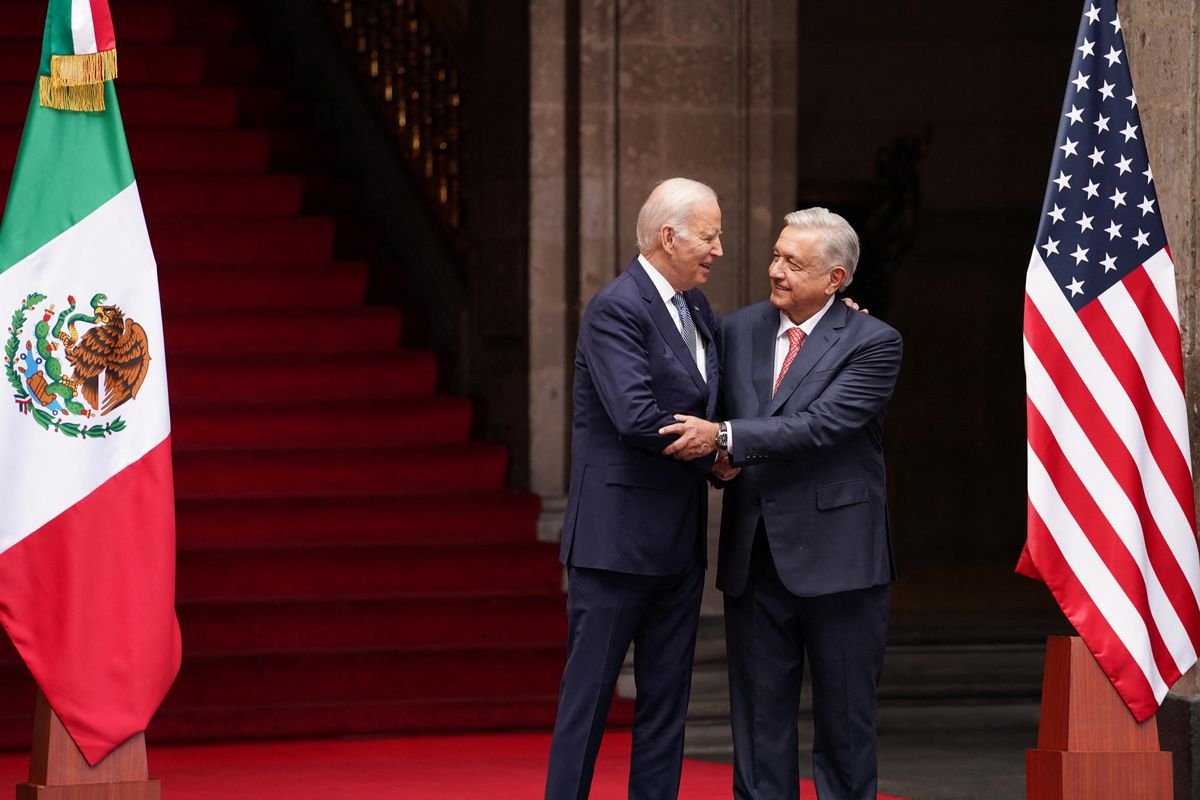 U.S. President Joe Biden with Mexican President Andres Manuel Lopez Obrador in Mexico City.