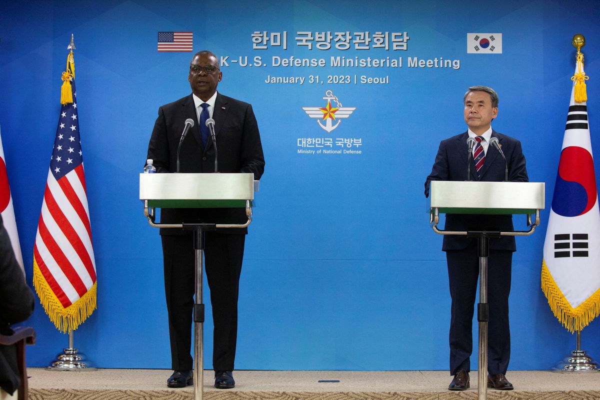 U.S. Secretary of Defense Lloyd Austin speaks at a joint press conference with South Korean Defense Minister Lee Jong-sup in Seoul, South Korea, 31 January 2023.