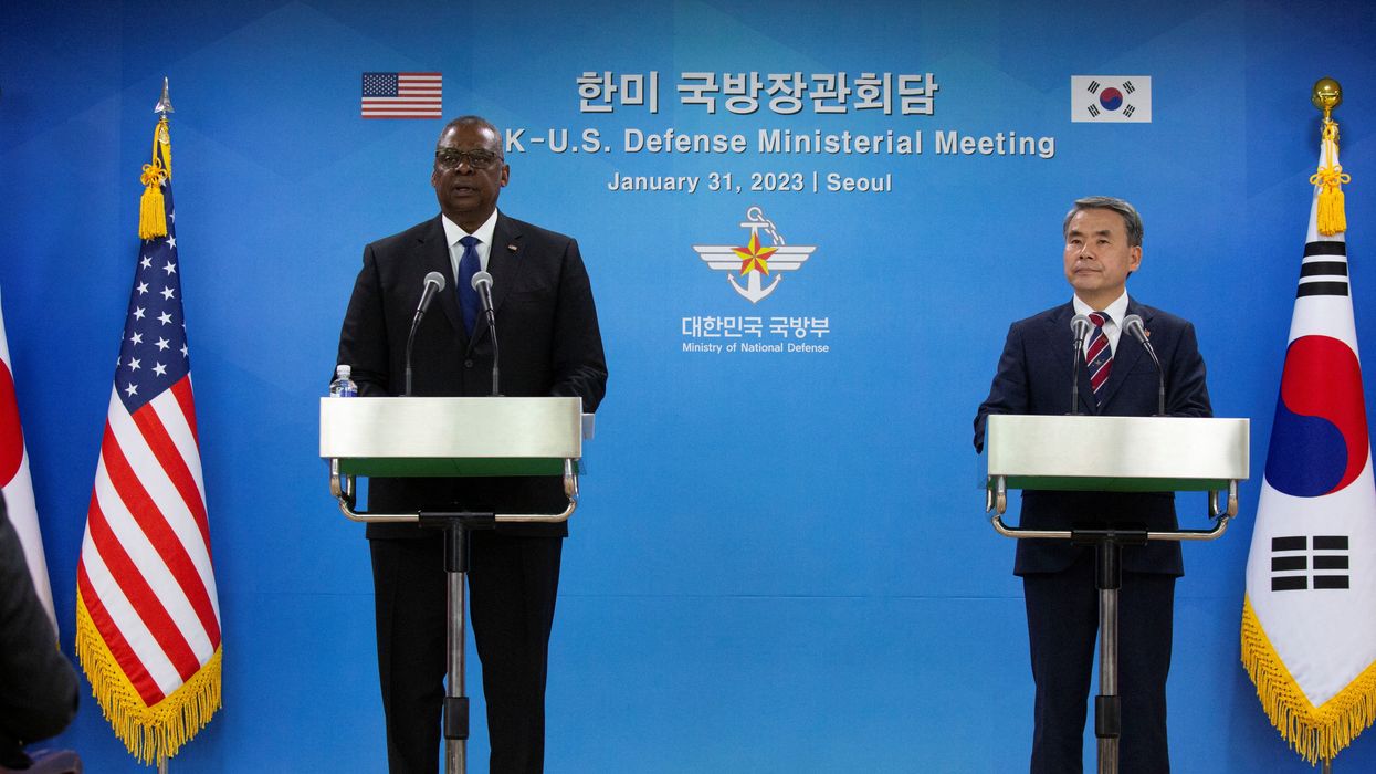 U.S. Secretary of Defense Lloyd Austin speaks at a joint press conference with South Korean Defense Minister Lee Jong-sup in Seoul, South Korea, 31 January 2023.