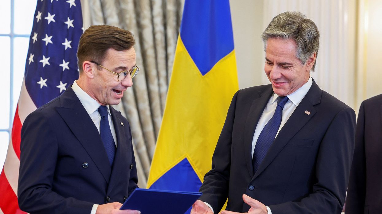 U.S. Secretary of State Antony Blinken accepts Sweden's instruments of accession from Swedish Prime Minister Ulf Kristersson for its entry into NATO at the State Department in Washington, U.S., March 7, 2024.