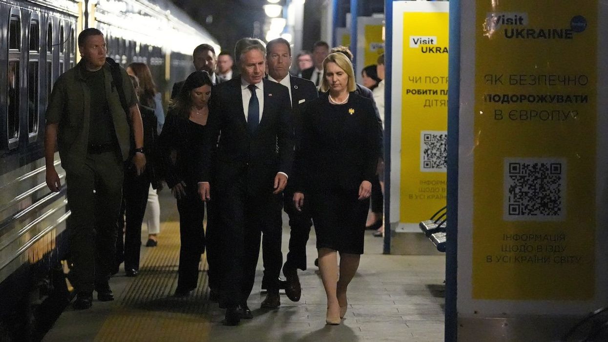 U.S. Secretary of State Antony Blinken is accompanied by U.S. Ambassador to Ukraine Bridget Brink as he prepares to depart the train station in Kyiv, Ukraine, September 11, 2024.