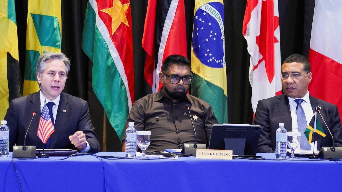 ​U.S. Secretary of State Antony Blinken speaks beside Guyana President Irfaan Ali and Jamaican Prime Minister Andrew Holness as they attend an emergency meeting on Haiti at the Conference of Heads of Government of the Caribbean Community (CARICOM) in Kingston, Jamaica, March 11, 2024. 