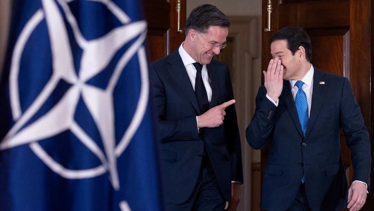 U.S. Secretary of State Marco Rubio and NATO Secretary General Mark Rutte react as they meet at the Department of State in Washington, D.C., U.S., April 8, 2026.