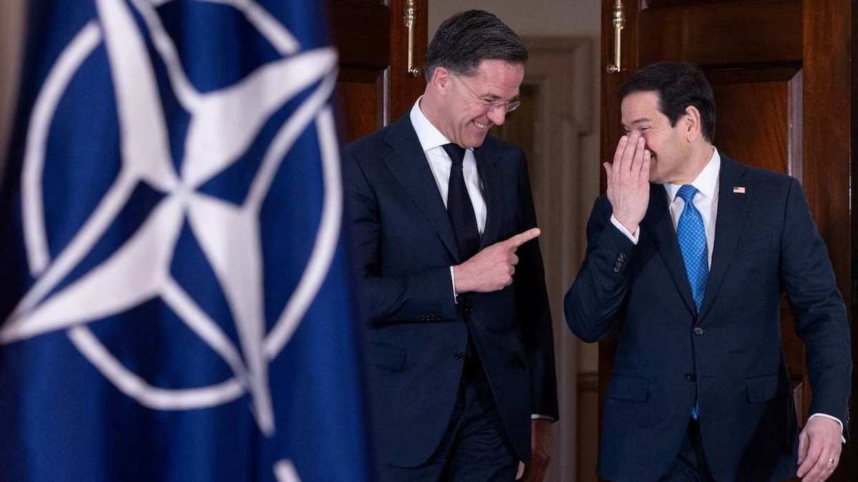 U.S. Secretary of State Marco Rubio and NATO Secretary General Mark Rutte react as they meet at the Department of State in Washington, D.C., U.S., April 8, 2026.