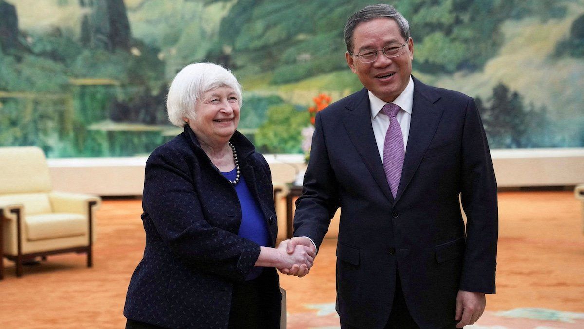 ​U.S. Treasury Secretary Janet Yellen meets Chinese Premier Li Qiang at the Great Hall of the People in Beijing, China, April 7, 2024. 