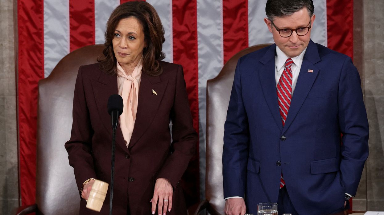 U.S. Vice President Kamala Harris affirms the certification of Donald Trump's election, next to Speaker of the House Mike Johnson (R-LA), during a joint session of Congress to certify Trump's election, at the U.S. Capitol in Washington, U.S. January 6, 2025.
