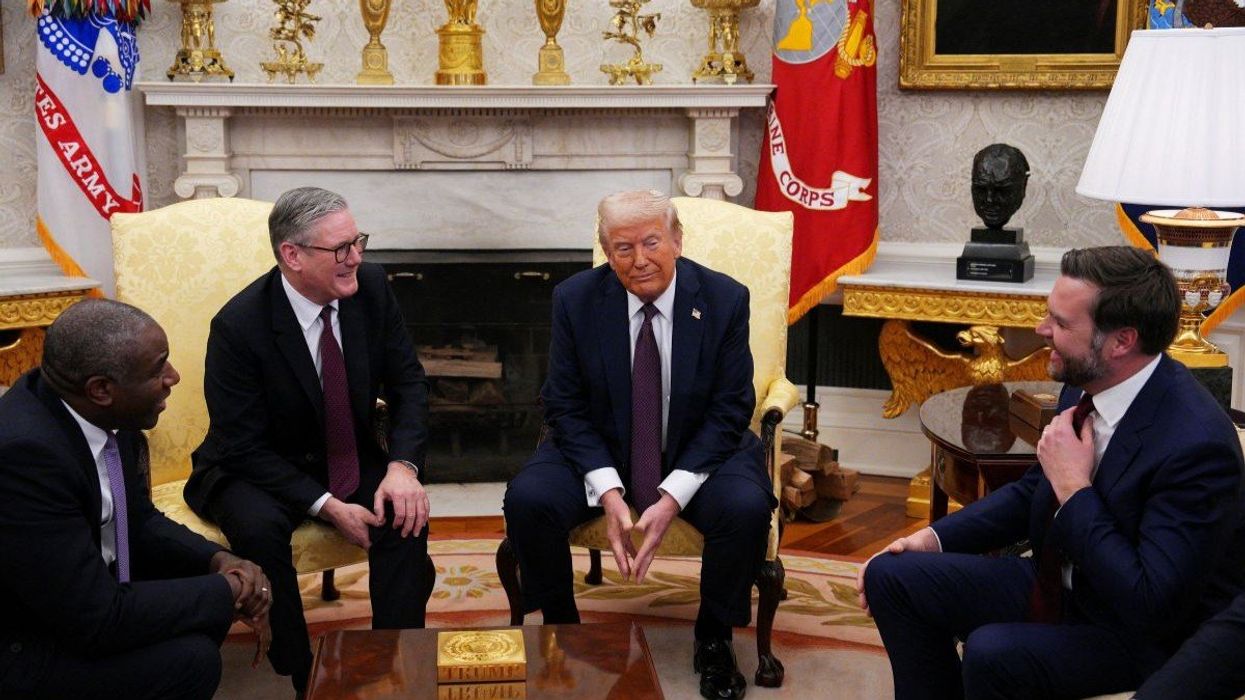 UK Prime Minister Keir Starmer meets with US President Donald Trump alongside US Vice President JD Vance and UK Foreign Secretary David Lammy in the Oval Office on February 27, 2025, in Washington, D.C., USA.