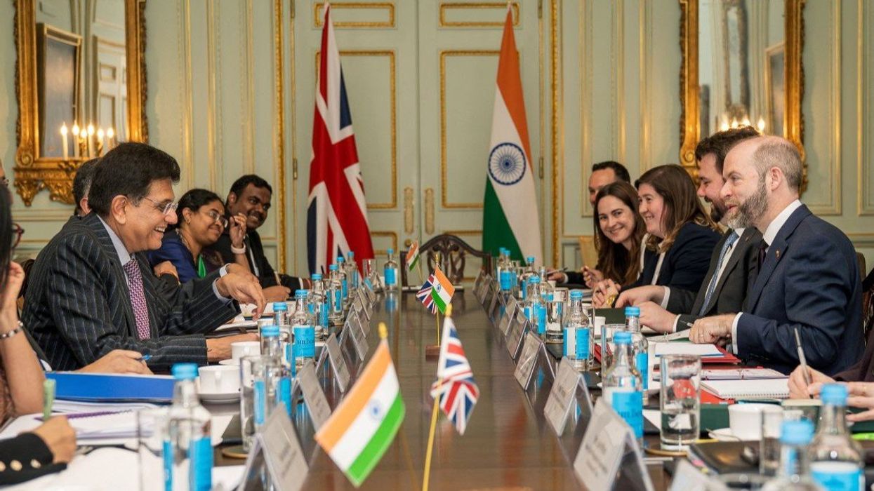 UK Secretary of State for Business and Trade Jonathan Reynolds meets Indian Minister of Commerce and Industry Piyush Goyal for trade talks, in London, United Kingdom, on April 28, 2025.