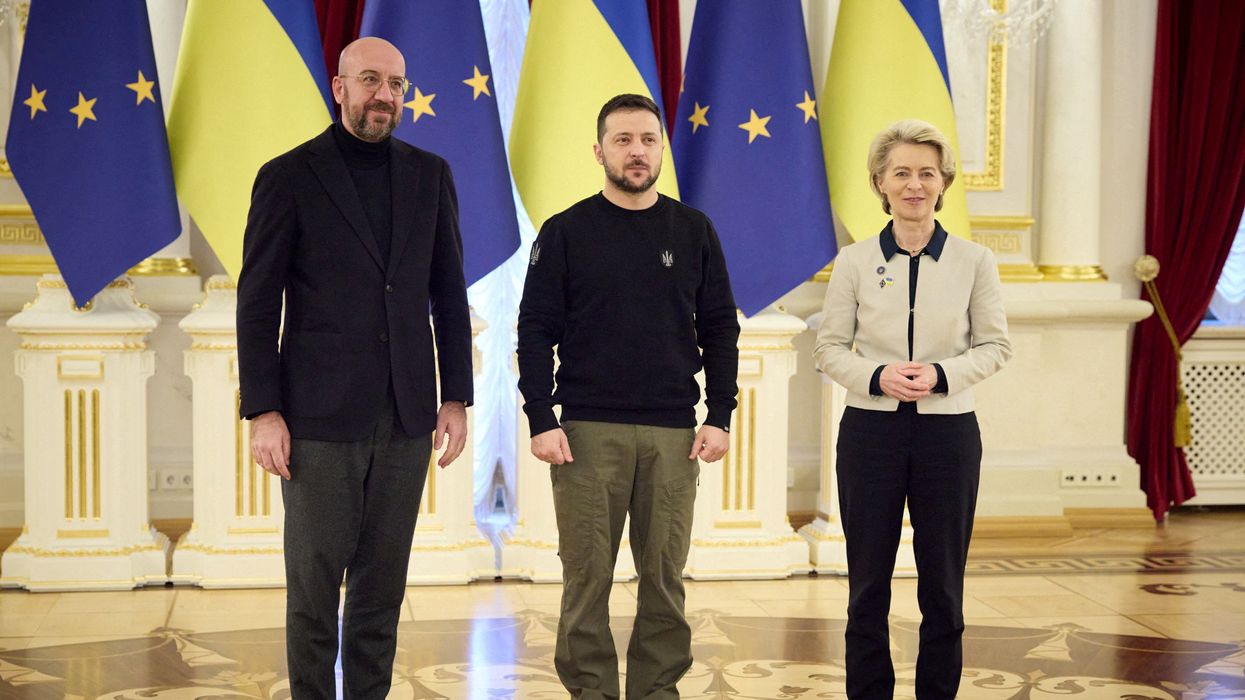 Ukraine's President Volodymyr Zelenskiy, European Commission President Ursula von der Leyen, and European Council President Charles Michel pose for a picture during a European Union summit back in February.