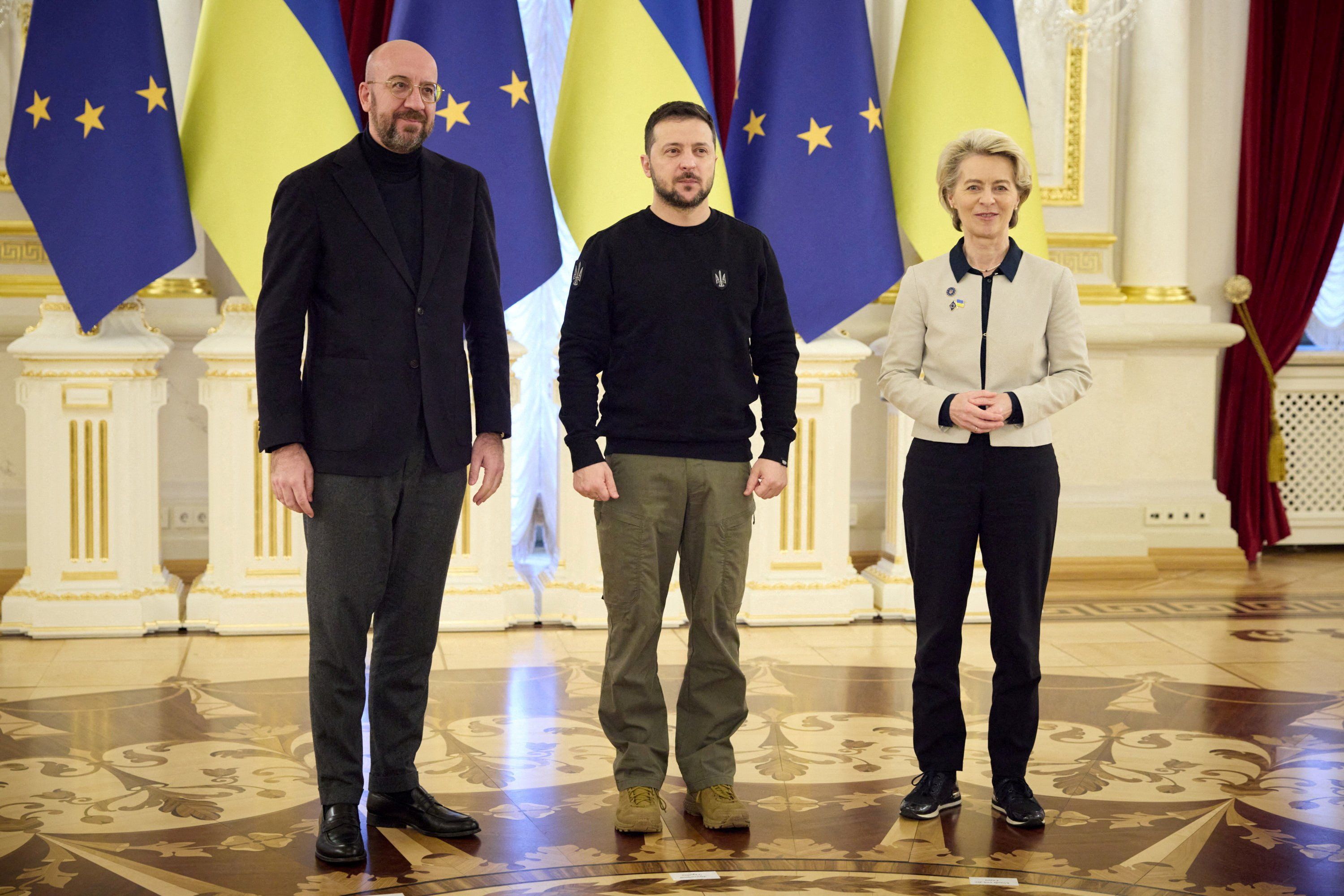 Ukraine's President Volodymyr Zelenskiy, European Commission President Ursula von der Leyen, and European Council President Charles Michel pose for a picture during a European Union summit back in February.