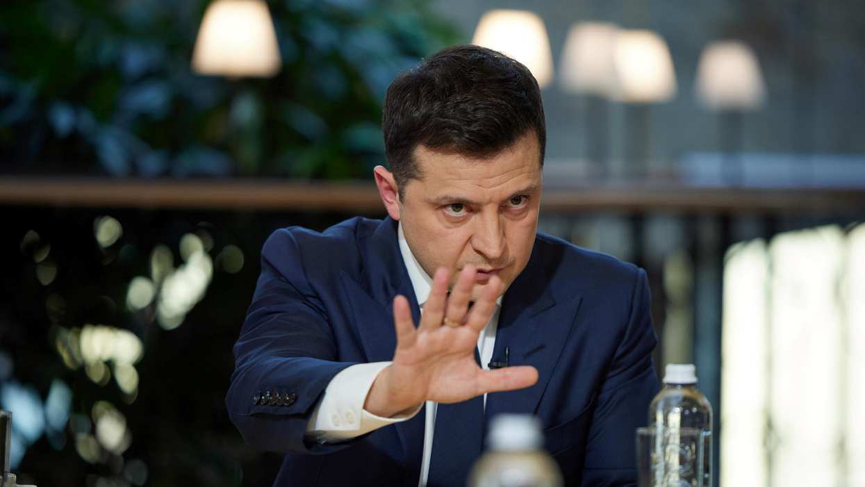 Ukraine's President Volodymyr Zelenskiy gestures as he speaks during a press marathon in Kyiv, Ukraine November 26, 2021.