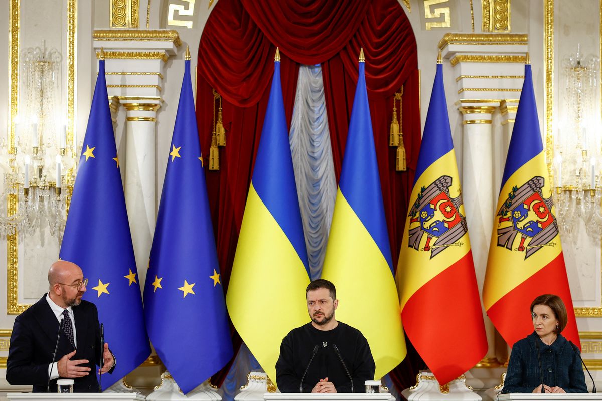 ​Ukraine's President Volodymyr Zelenskiy, Moldova's President Maia Sandu and President of the European Council Charles Michel attend a joint press conference, amid Russia's attack on Ukraine, in Kyiv, Ukraine November 21, 2023. 