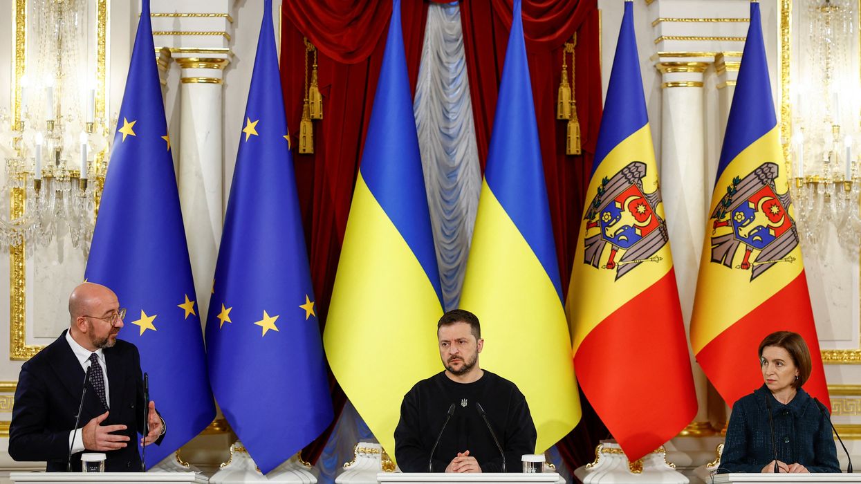 Ukraine's President Volodymyr Zelenskiy, Moldova's President Maia Sandu and President of the European Council Charles Michel attend a joint press conference, amid Russia's attack on Ukraine, in Kyiv, Ukraine November 21, 2023.