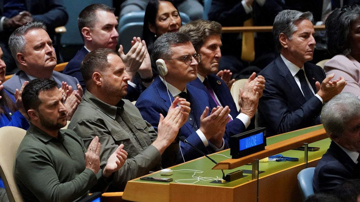 Ukraine's President Volodymyr Zelensky applauds U.S. President Joe Biden during the 78th Session of the U.N. General Assembly.