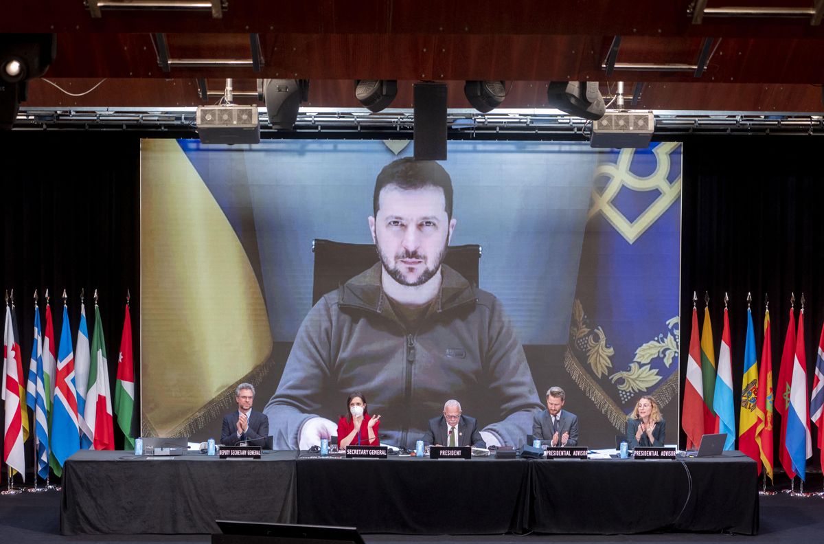 Ukraine's President Volodymyr Zelensky speaks by video link during NATO's annual parliamentary assembly in Madrid, Spain.