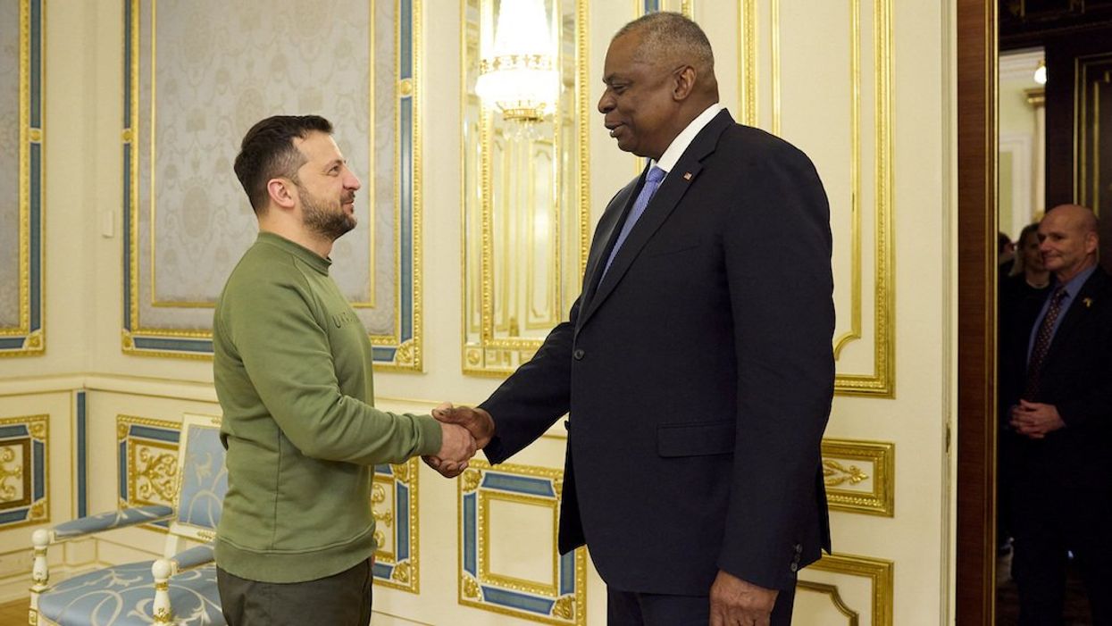Ukraine's President Volodymyr Zelensky welcomes U.S. Defense Secretary Lloyd Austin before their meeting, amid Russia's attack on Ukraine, in Kyiv, Ukraine November 20, 2023.