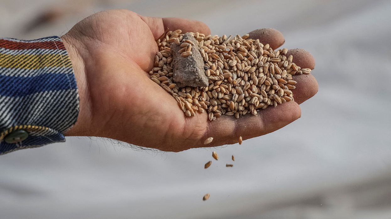 Ukrainian farmer visits his crop storage that was destroyed by Russian military strike near a frontline outside Orikhiv.