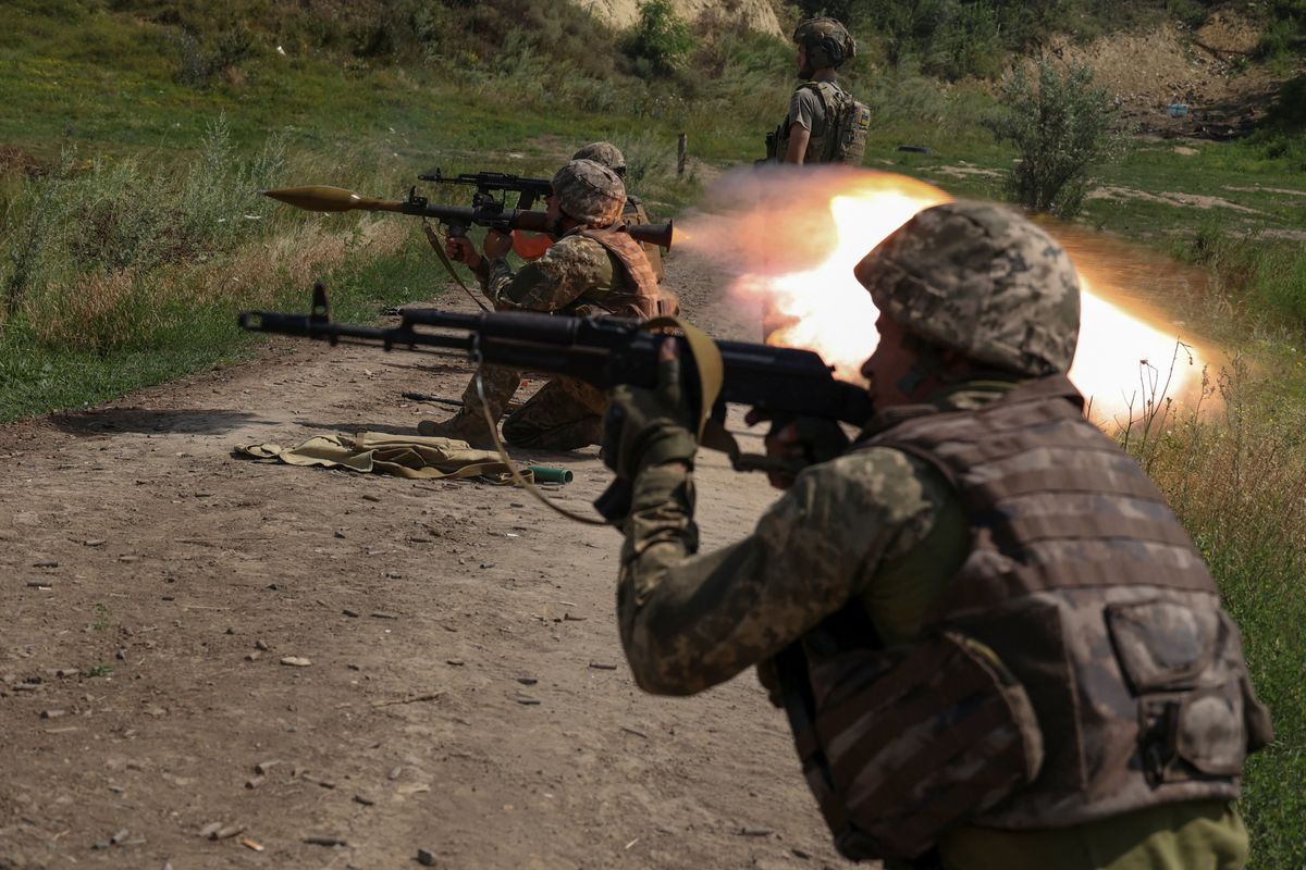 Ukrainian marines attend military drills in the Donetsk region.