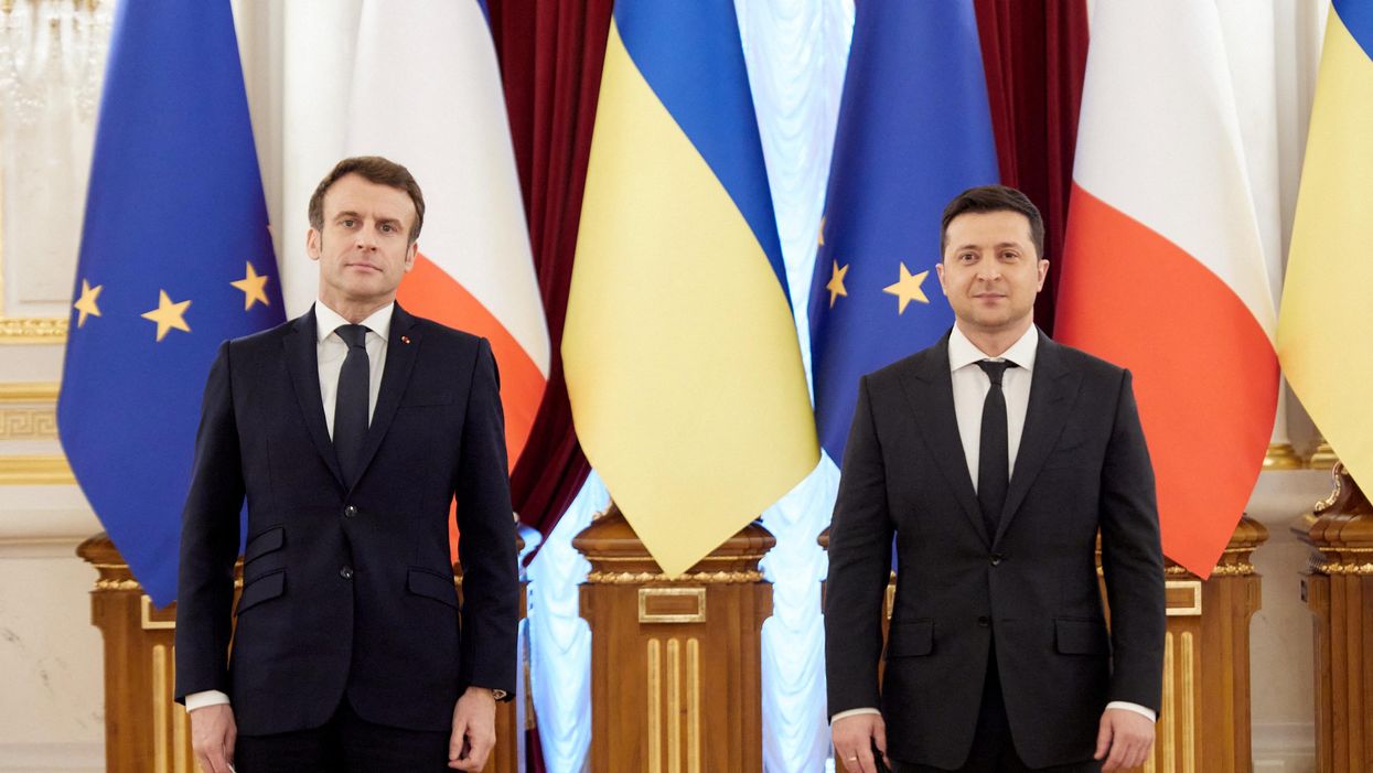 Ukrainian President Volodymyr Zelenskiy and French President Emmanuel Macron before their talks in Kyiv, Ukraine February 8, 2022.