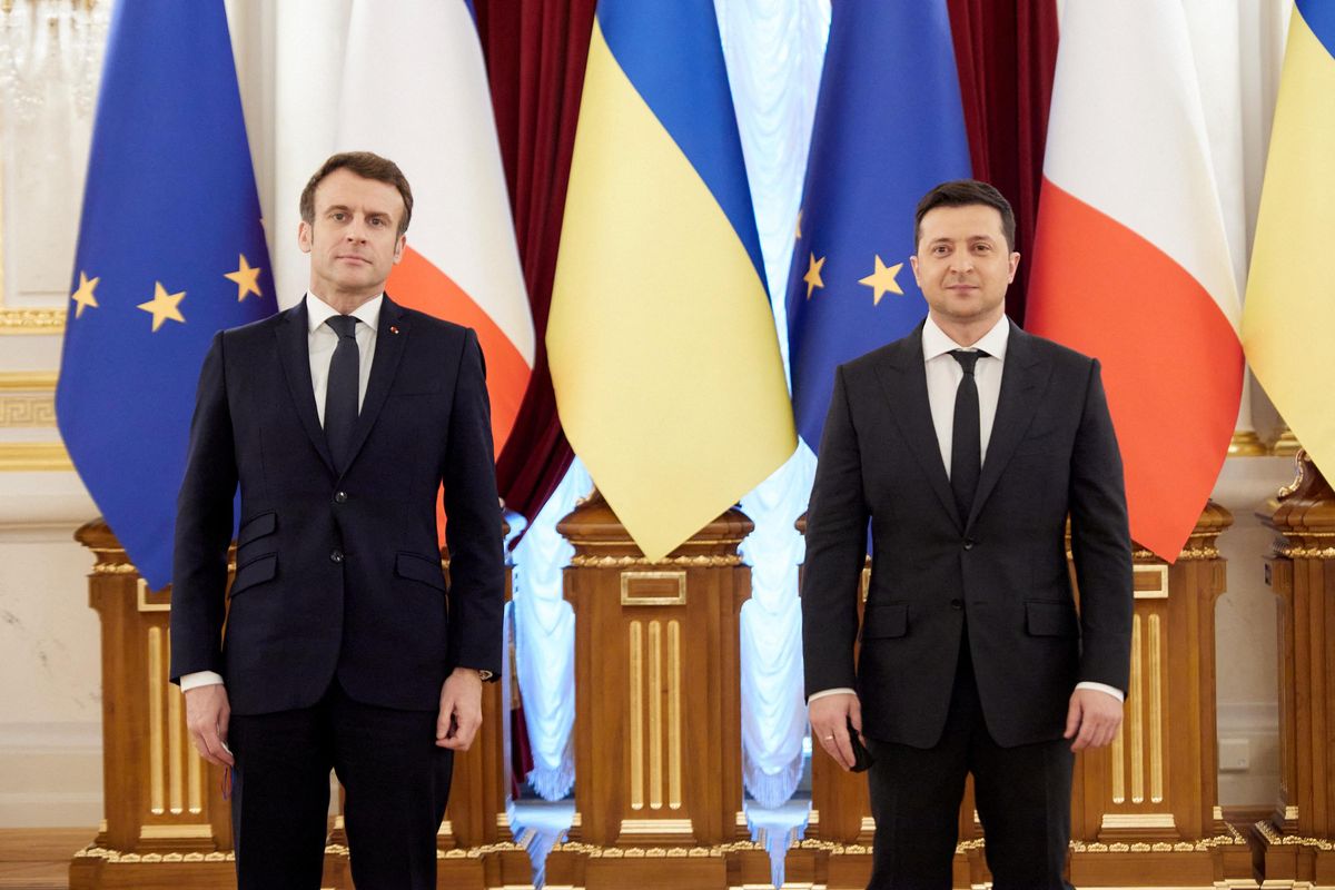 Ukrainian President Volodymyr Zelenskiy and French President Emmanuel Macron before their talks in Kyiv, Ukraine February 8, 2022.