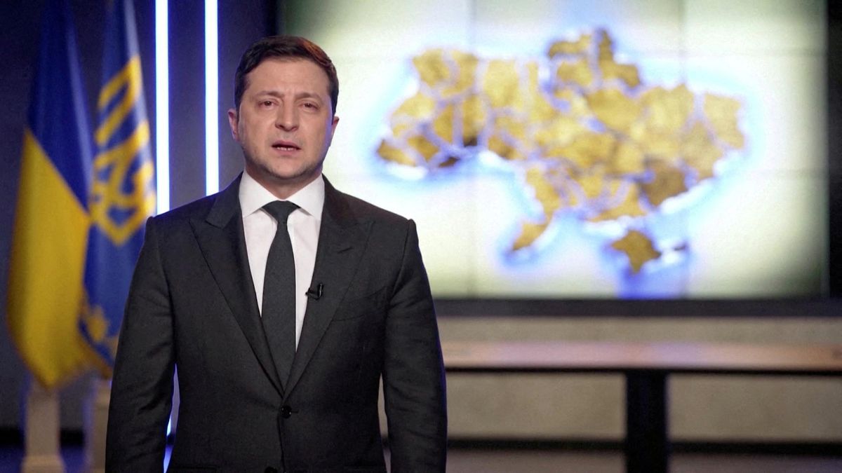 Ukrainian President Volodymyr Zelenskiy speaks in Russian during an address in Kyiv, Ukraine, February 24, 2022 in this still image taken from video.