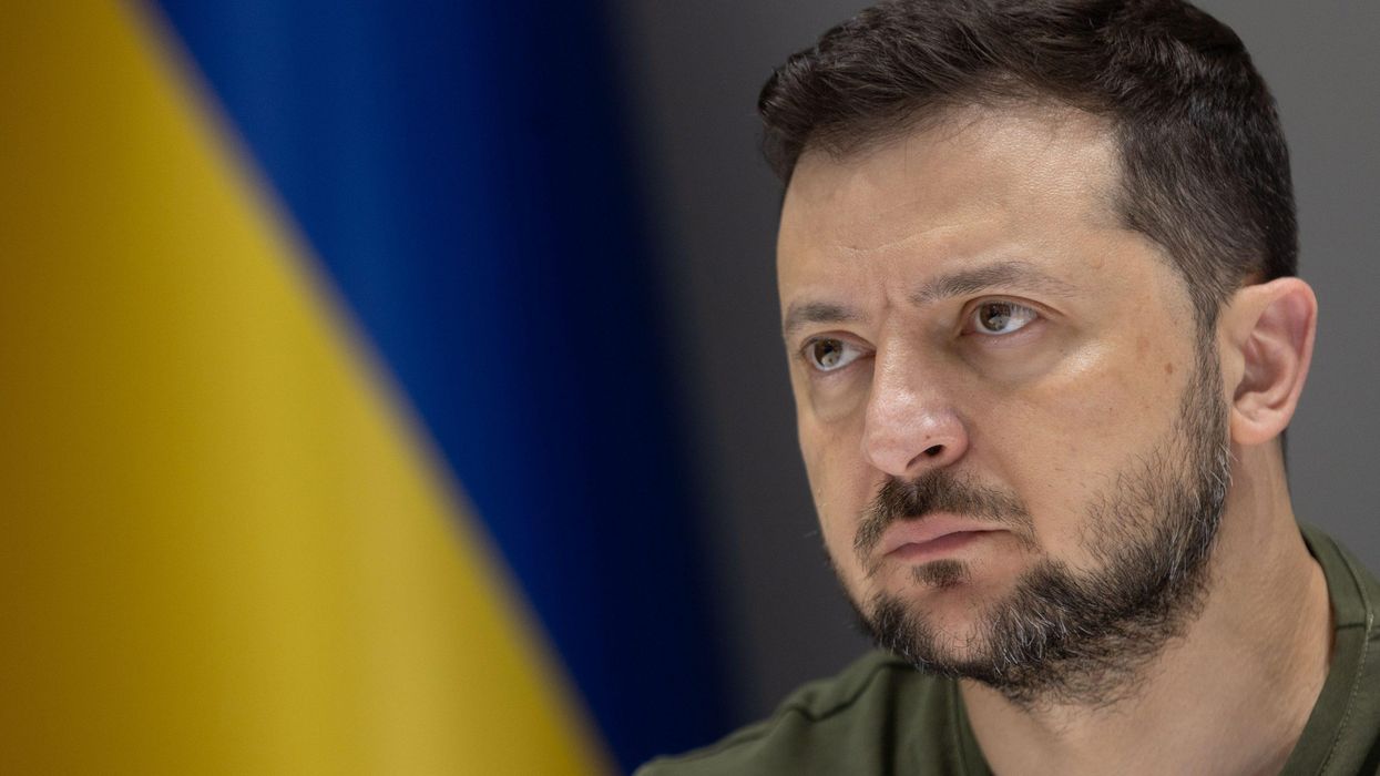 Ukrainian President Volodymyr Zelensky addresses via video link the 26th Annual Economist Government Roundtable in Lagonisi, Greece.