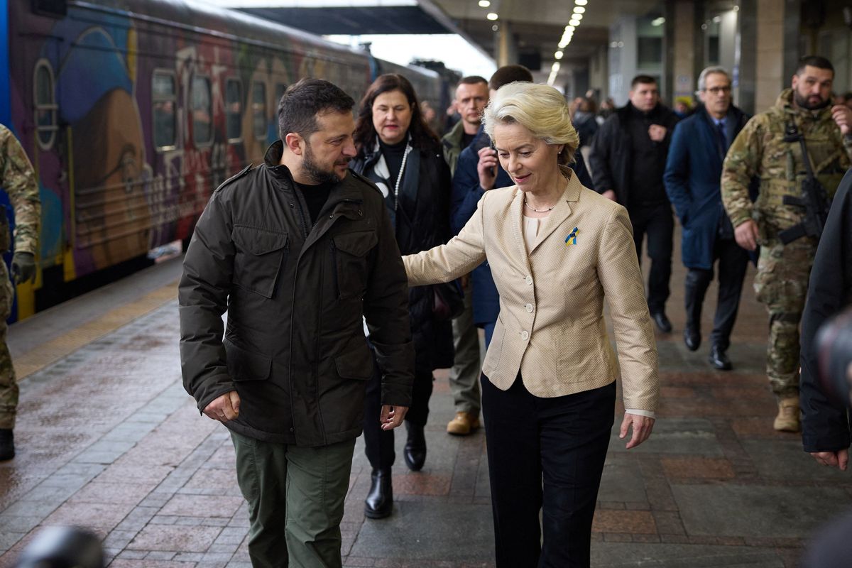 Ukrainian President Volodymyr Zelensky and European Commission President Ursula von der Leyen take part in a ceremony honoring Railway Workers at the Central Railway Station in Kyiv on Nov. 4, 2023. 