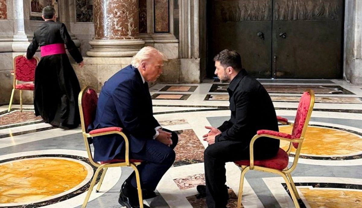 ​Ukrainian President Volodymyr Zelensky and US President Donald Trump meet while they attend the funeral of Pope Francis at the Vatican on April 26, 2025. 