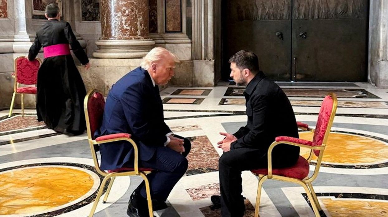 Ukrainian President Volodymyr Zelensky and US President Donald Trump meet while they attend the funeral of Pope Francis at the Vatican on April 26, 2025.